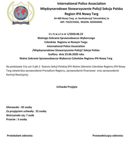 Uchwała nr 1- 2020.06.23 Walnego Zebrania Sprawozdawczo Wyborczego Regionu IPA Nowy Targ